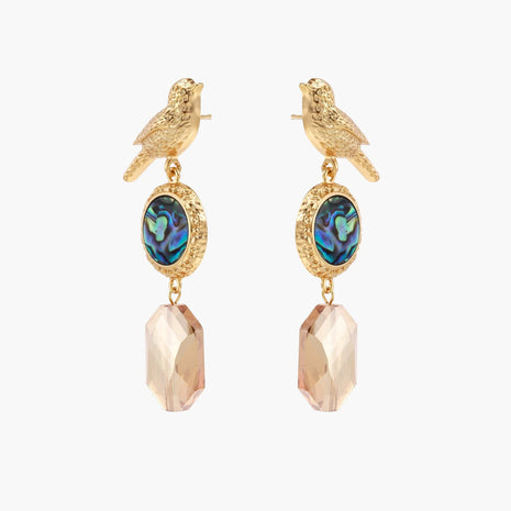 Gold-plated bird stud earrings with iridescent abalone shell medallions and champagne crystal drops on cream background