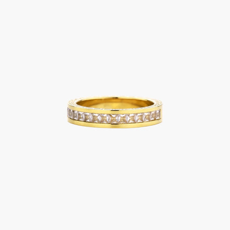 14K gold-plated band with channel-set zirconia and Greek key pattern engraving on polished finish