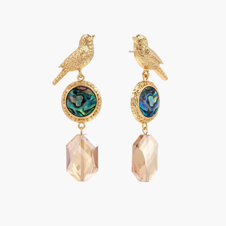 Gold-plated bird stud earrings with iridescent abalone shell medallions and champagne crystal drops on cream background
