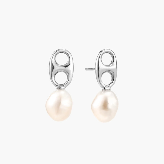 Modern rhodium-plated silver earrings with geometric double-circle design and freshwater pearl drops