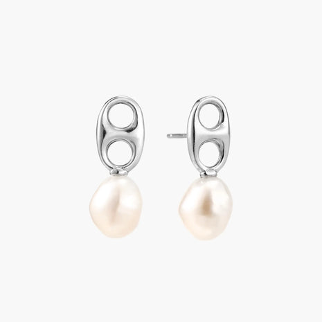 Modern rhodium-plated silver earrings with geometric double-circle design and freshwater pearl drops
