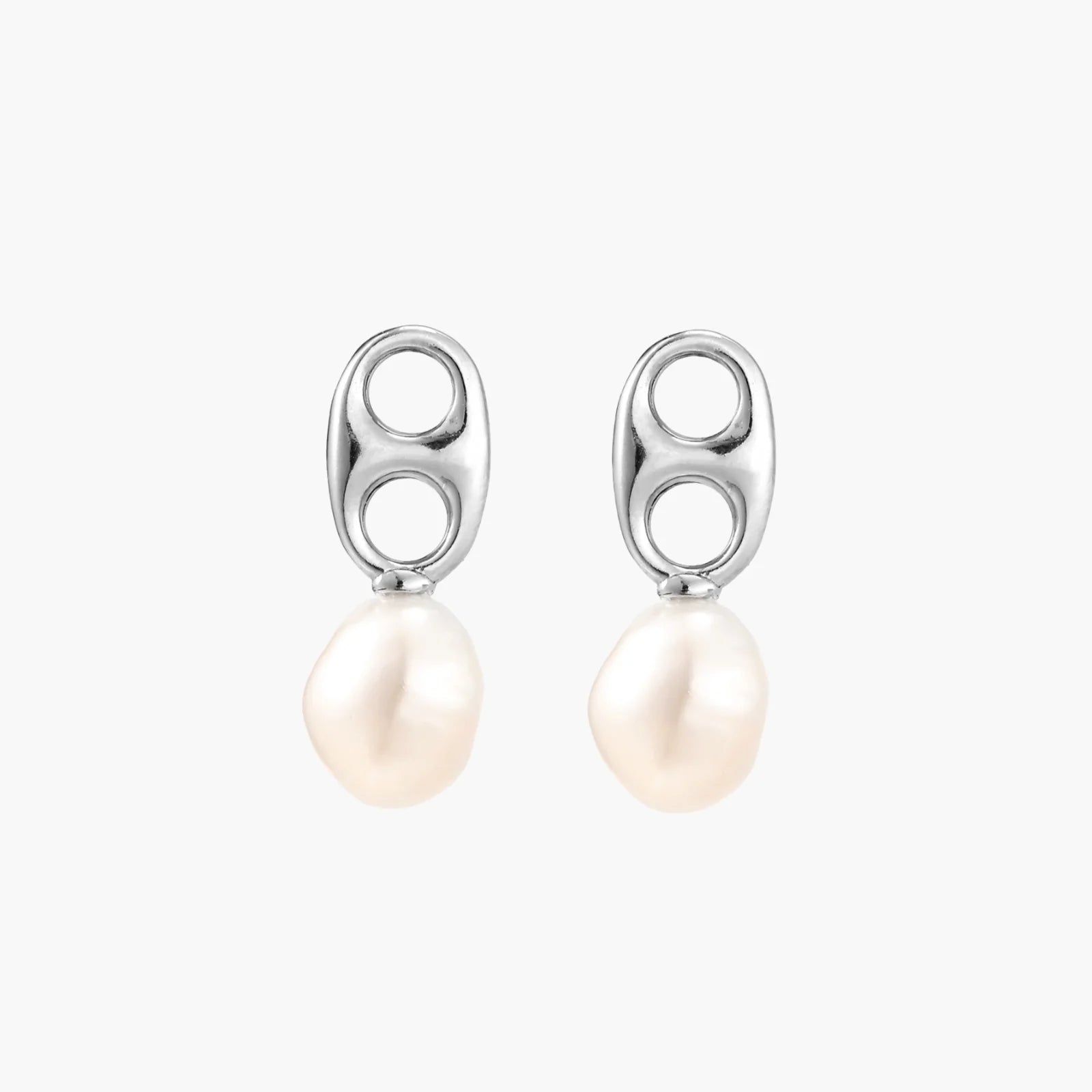 Modern rhodium-plated silver earrings with geometric double-circle design and freshwater pearl drops