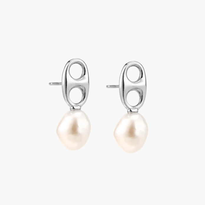 Modern rhodium-plated silver earrings with geometric double-circle design and freshwater pearl drops