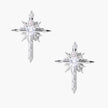 Silver starburst earrings with radiating points and dagger drop design featuring clear zirconia stones