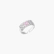 White gold plated adjustable ring with three rows of square zirconia stones in black or pink chevron pattern