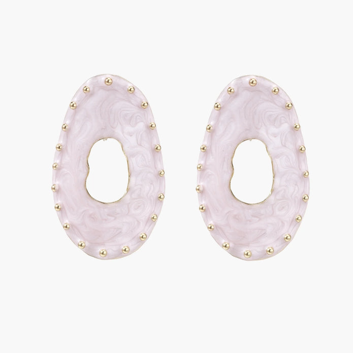 Oval lavender enamel earrings with marbled finish and gold-plated beaded border on cream background.