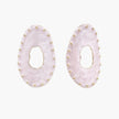 Oval lavender enamel earrings with marbled finish and gold-plated beaded border on cream background.