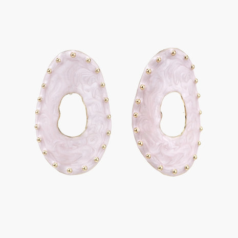 Oval lavender enamel earrings with marbled finish and gold-plated beaded border on cream background.