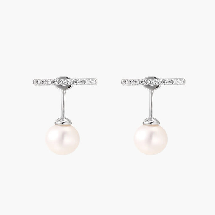 Rhodium-plated sterling silver ear jacket earrings with diamond-set horizontal bar and freshwater pearl drop