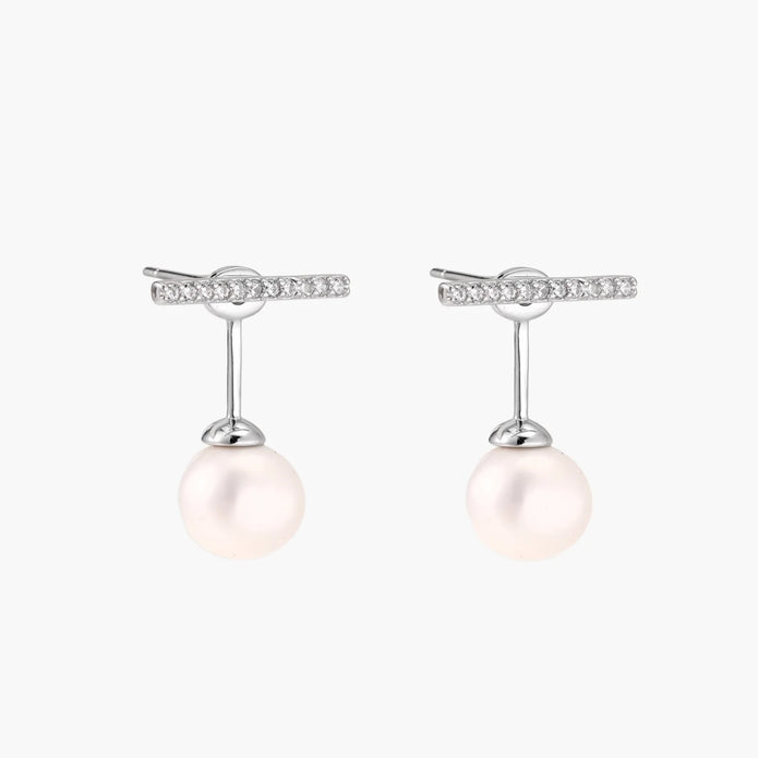 Rhodium-plated sterling silver ear jacket earrings with diamond-set horizontal bar and freshwater pearl drop