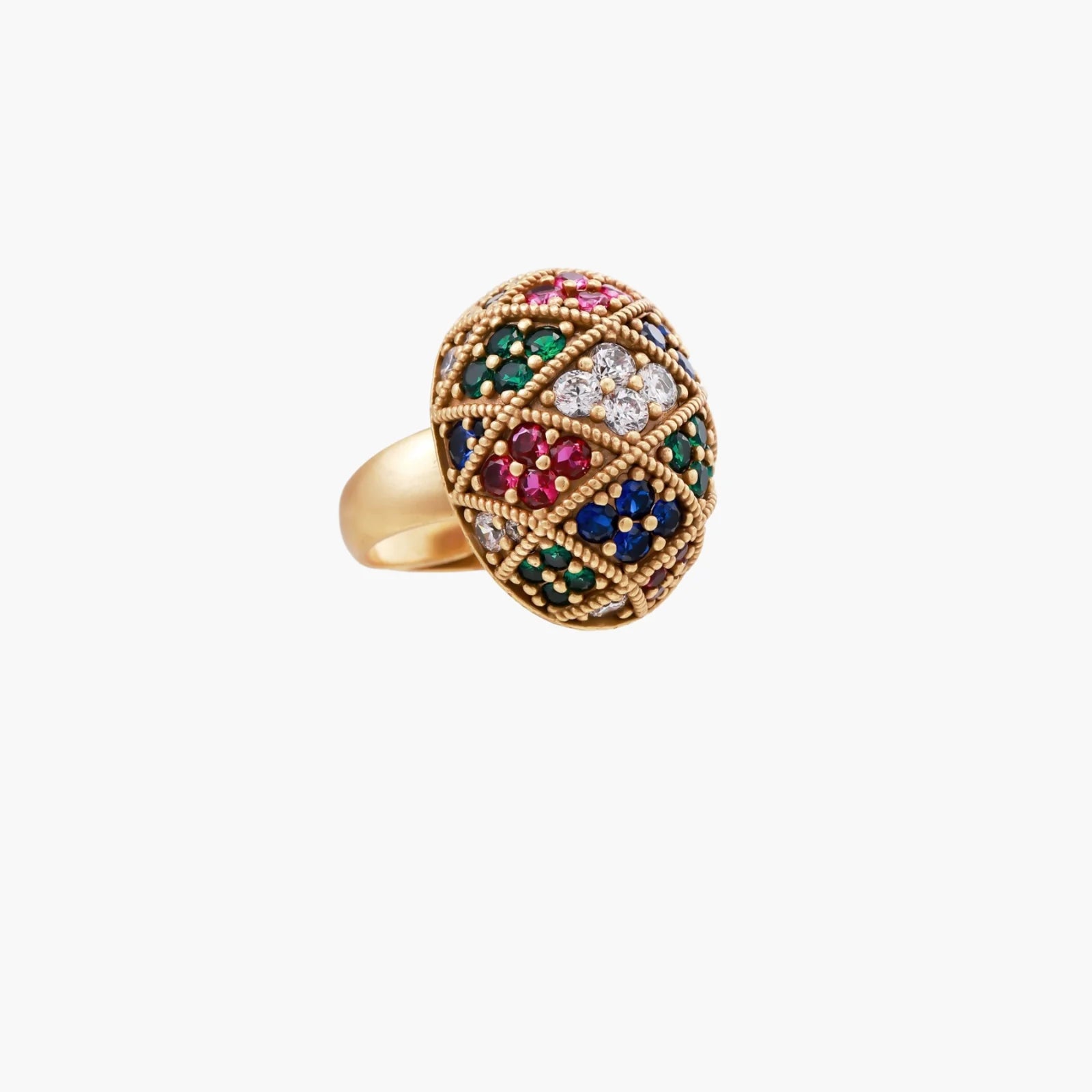 Oversized gold ring with geometric mosaic pattern featuring multicolor zirconia stones in ruby, emerald, sapphire, and clear tones.