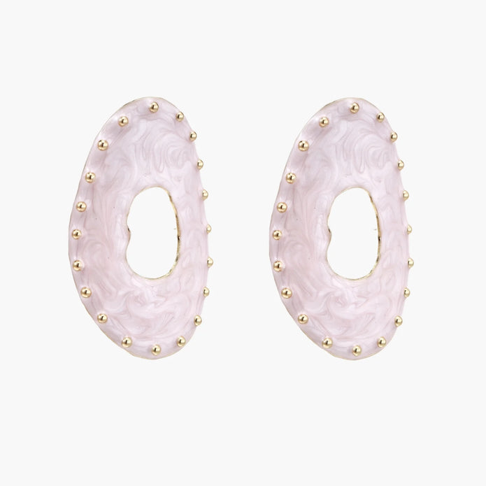 Oval lavender enamel earrings with marbled finish and gold-plated beaded border on cream background.
