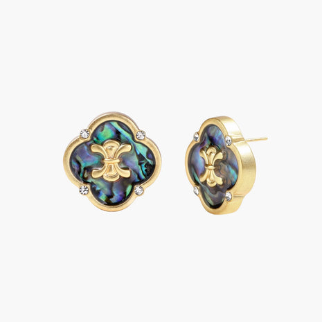 Gold quatrefoil stud earrings with iridescent abalone shell inlay and fleur-de-lis center, accented by four crystals