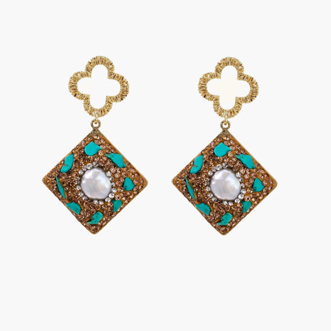 Gold-plated drop earrings with quatrefoil studs, diamond-shaped pendants featuring baroque pearls, turquoise stones, and amber crystals