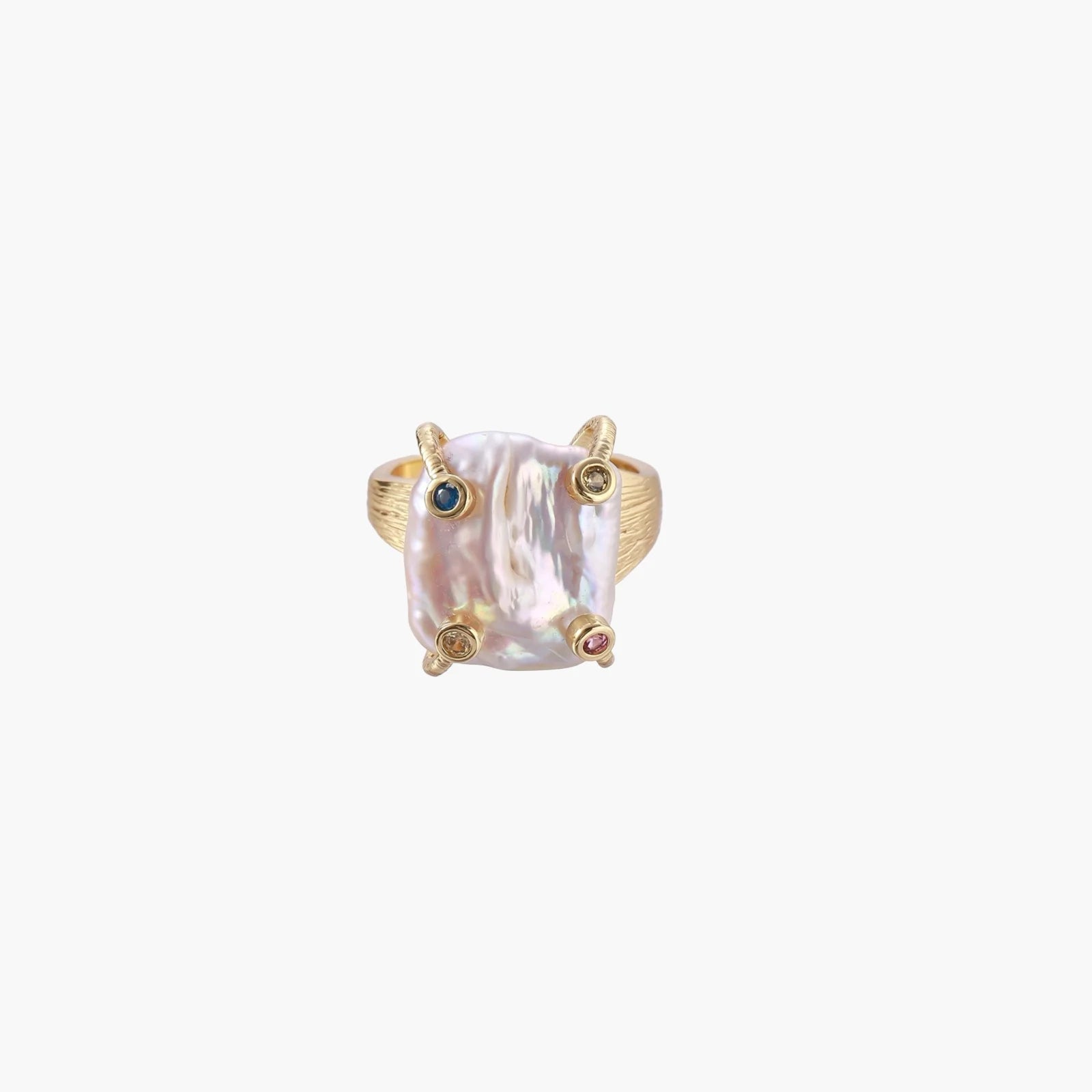 Gold ring with large iridescent baroque pearl and four colored gemstones on textured band
