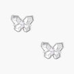 Silver butterfly stud earrings with marquise center stone and pavé crystal border on white background