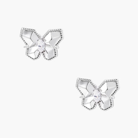 Silver butterfly stud earrings with marquise center stone and pavé crystal border on white background