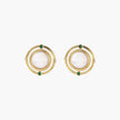 Circular gold stud earrings with iridescent mother-of-pearl center and green zirconia accents on cream background.