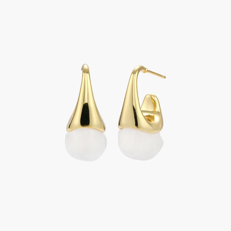 Pair of small gold-plated hoop earrings with triangular cone fronts and curved backs on white background.