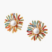 Vibrant starburst stud earrings with multicolor enamel rays and white pearl centers on gold-plated setting