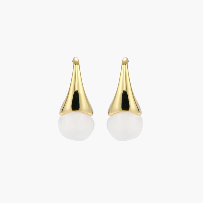 Pair of small gold-plated hoop earrings with triangular cone fronts and curved backs on white background.