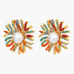 Vibrant starburst stud earrings with multicolor enamel rays and white pearl centers on gold-plated setting