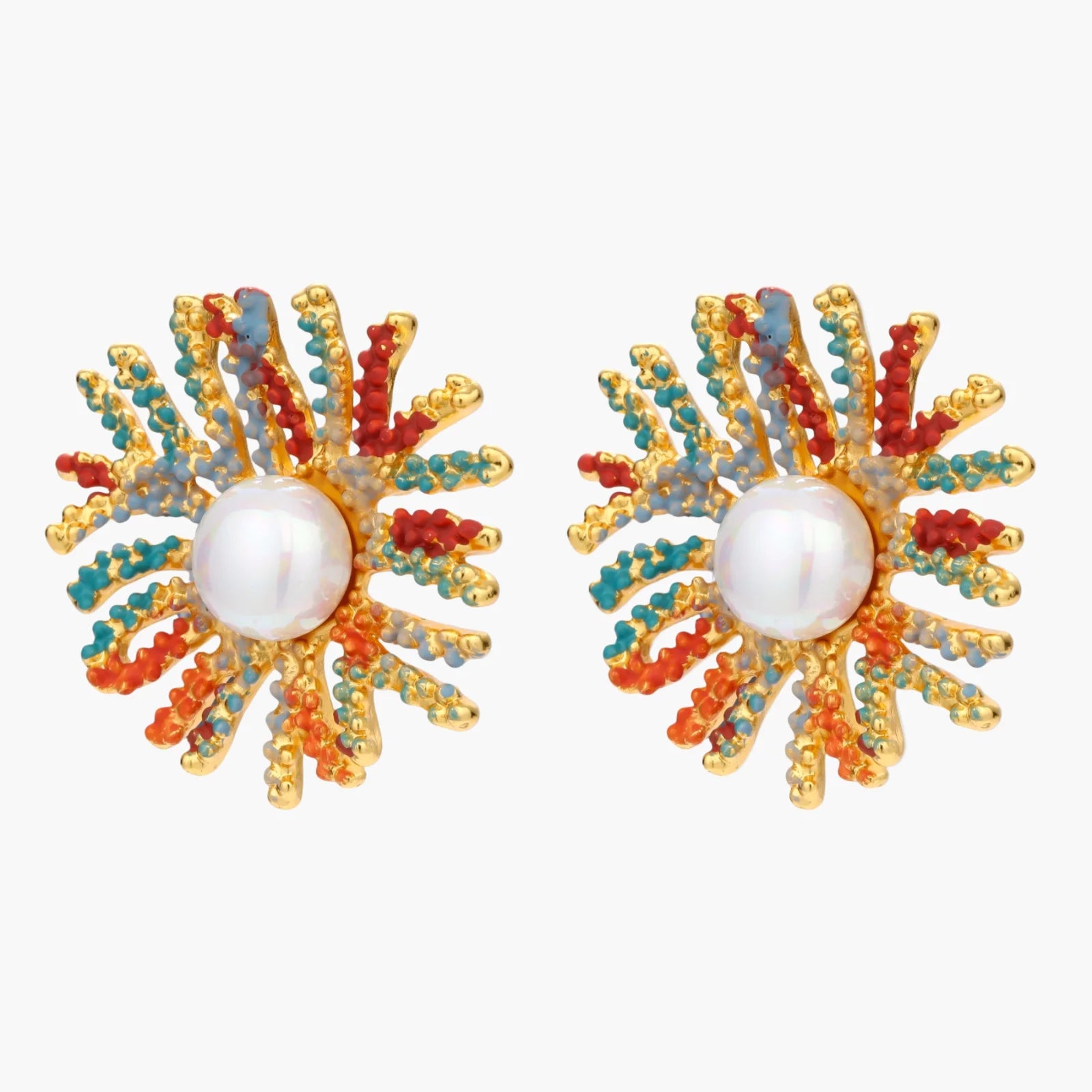 Vibrant starburst stud earrings with multicolor enamel rays and white pearl centers on gold-plated setting