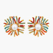 Vibrant starburst stud earrings with multicolor enamel rays and white pearl centers on gold-plated setting