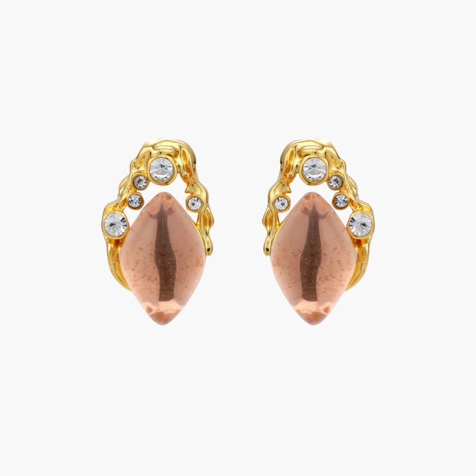 Gold-plated baroque stud earrings with coral-pink liuli stones and cubic zirconia crystals on white background.