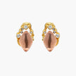 Gold-plated baroque stud earrings with coral-pink liuli stones and cubic zirconia crystals on white background.