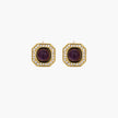 Gold-plated octagonal stud earrings with burgundy liuli centers and cubic zirconia halos on white background