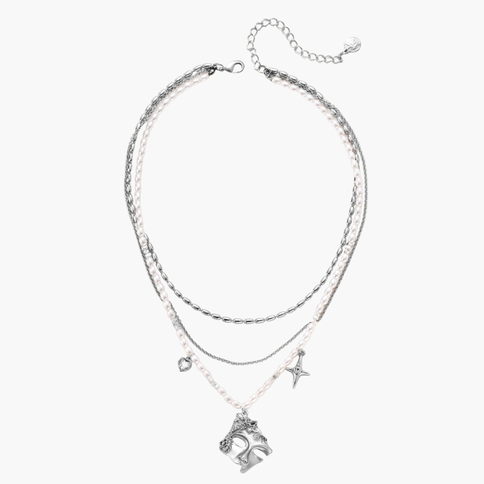Multi-strand layered necklace set with silver chains, white pearls, star charm, heart pendant, and ornate decorative piece
