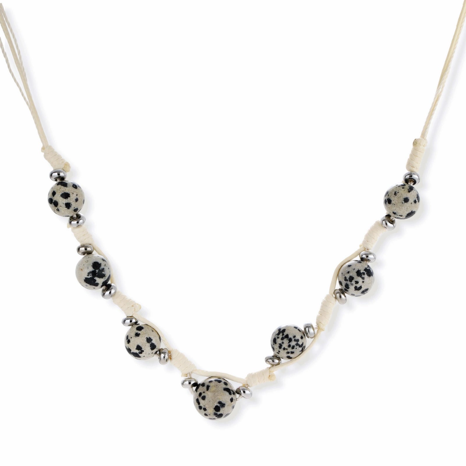 Adjustable cream cord necklace with white spotted stone beads featuring black speckles on neutral background