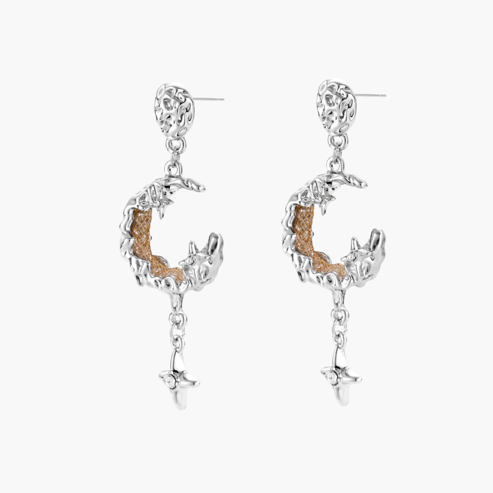 Detailed eco-brass dangle earrings featuring crescent moons with gold rope details and dangling star charms on white background.