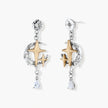Two-tone star earrings with gold celestial motifs, silver chains, and clear crystal droplets on white background.