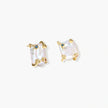 Baroque pearl studs in gold-plated prong setting with four multicolor gemstones on each corner, front and side view