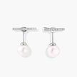 Rhodium-plated sterling silver ear jacket earrings with diamond-set horizontal bar and freshwater pearl drop