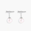 Rhodium-plated sterling silver ear jacket earrings with diamond-set horizontal bar and freshwater pearl drop