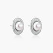 Elegant stud earrings with cream freshwater pearls surrounded by sparkly pavé crystals on rhodium-plated silver setting