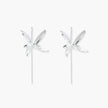 Delicate sterling silver dragonfly earrings with textured wings and curved threader hooks on white background