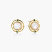 Circular gold stud earrings with iridescent mother-of-pearl center and green zirconia accents on cream background.