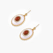 Gold-plated drop earrings with layered oval mother-of-pearl and cognac gemstone center framed by crystal halo