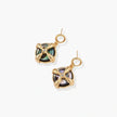Gold-plated drop earrings with iridescent abalone shell and pearl studs in geometric cross design