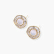 Gold-plated stud earrings with central freshwater pearl surrounded by radiating baguette crystals in sunburst design