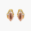 Gold-plated baroque stud earrings with coral-pink liuli stones and cubic zirconia crystals on white background.