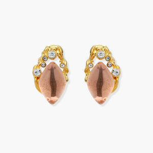 Gold-plated baroque stud earrings with coral-pink liuli stones and cubic zirconia crystals on white background.