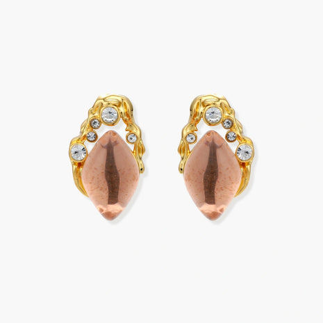 Gold-plated baroque stud earrings with coral-pink liuli stones and cubic zirconia crystals on white background.