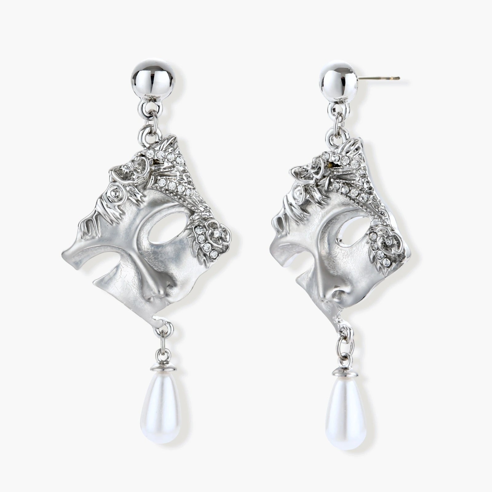 Ornate silver-toned masquerade mask jewelry set featuring rhinestone details and pearl drop earrings on white background.