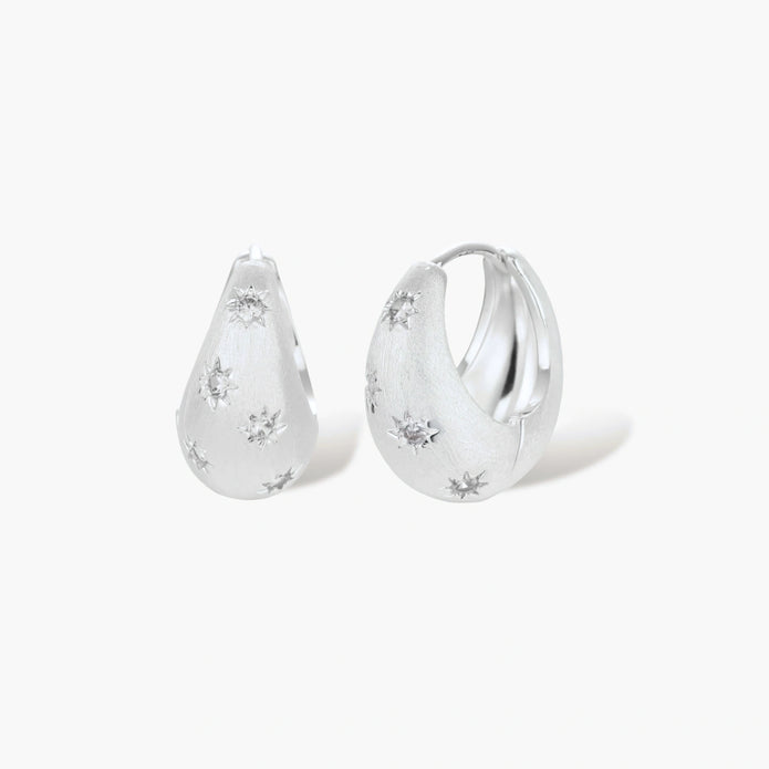 Silver-plated hoop earrings with star cutout designs, shown open and closed on white background, 17mm diameter.
