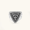 Silver stainless steel signet ring with engraved all-seeing eye in triangle, radiating lines, and cross motifs on the band.